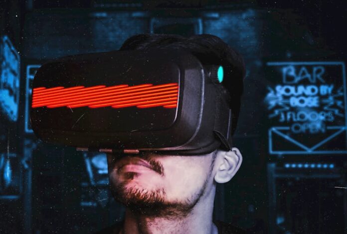 Young man immersed in a virtual reality experience using a VR headset, showcasing futuristic tech in a gaming environment.
