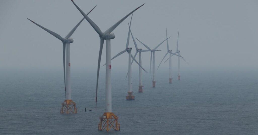 Offshore wind turbines generating clean energy in the ocean breeze.